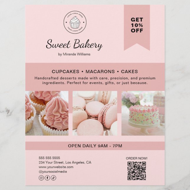 Bakery Custom Logo Photo QR Code Pink Flyer (Frente)
