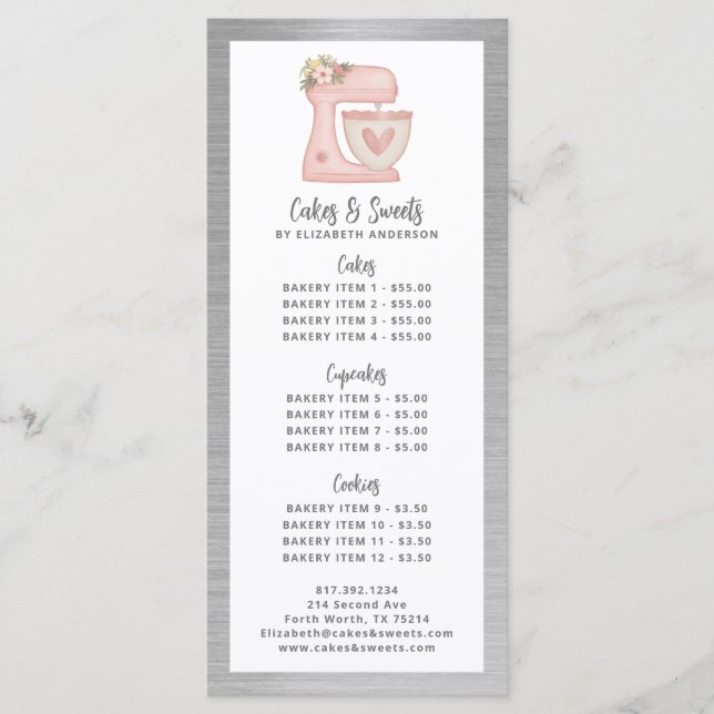 Bakery Pastry Chef Dessert Menu Price List (Frente)