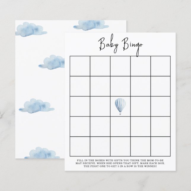 Balão azul de ar quente - Jogo de bingo para chá d (Frente/Verso)