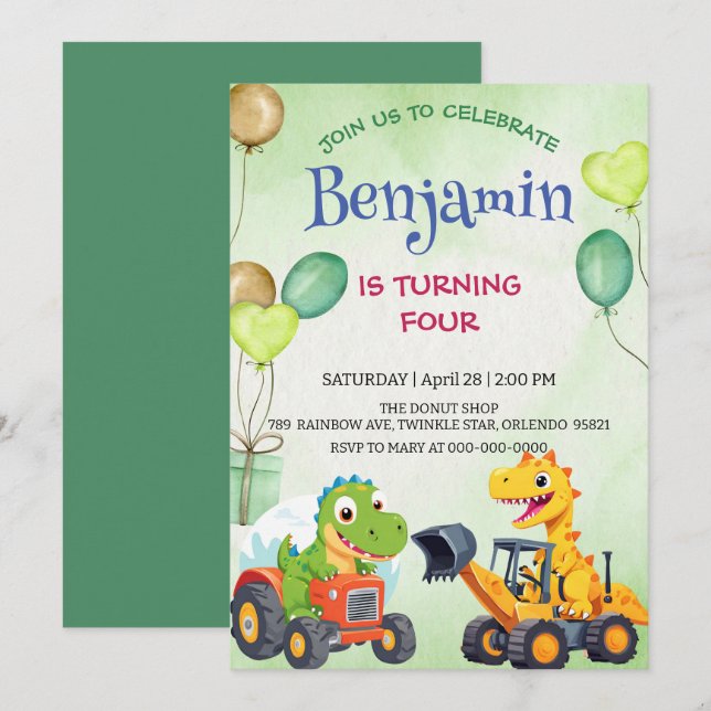 Balão de caminhões de construção de dinossauro bon (Frente/Verso)