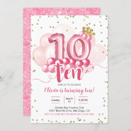 Balão de Coroa Rosa Décimo Convite de Aniversário