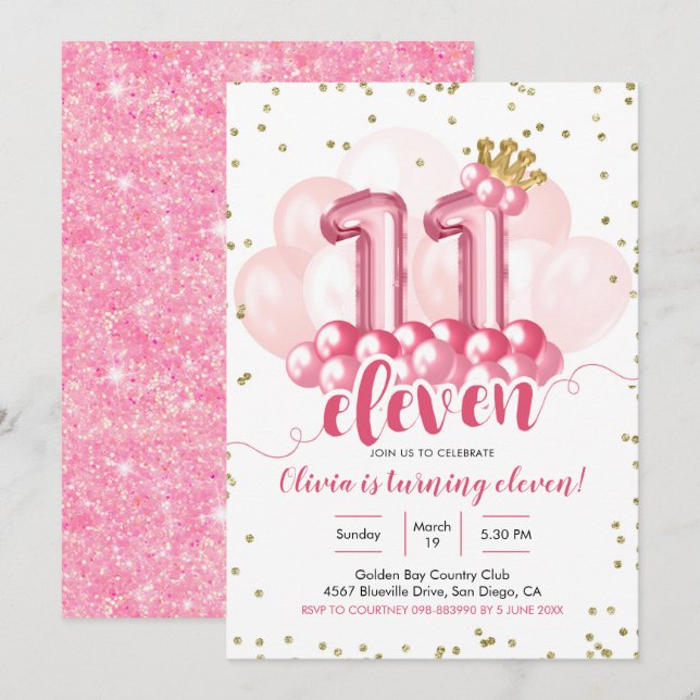 Balão de Coroa Rosa Onze Convite de Aniversário (Frente/Verso)