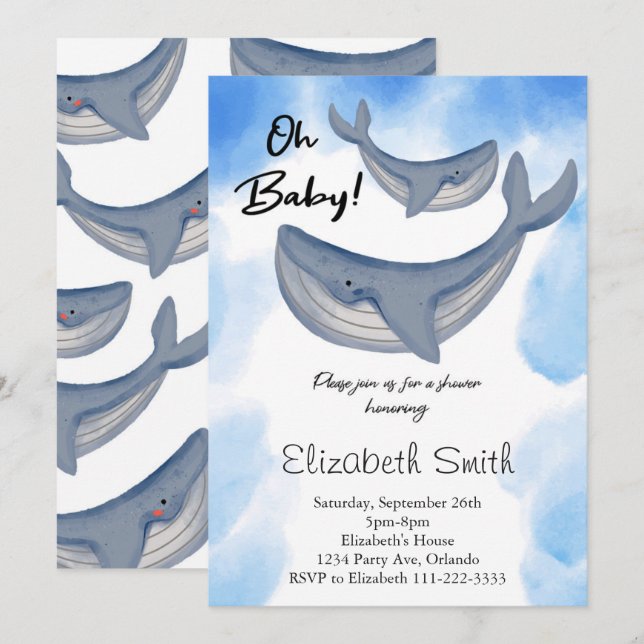 Baleia Aquarela Sob O Convite Para Chás de fraldas (Frente/Verso)