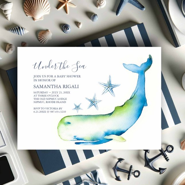 Baleia de Cães de Bebê Náutica Convites para Aquic (Nautical baby shower theme watercolor blue whale art by Victoria Grigaliunas Do Tell A Belle)