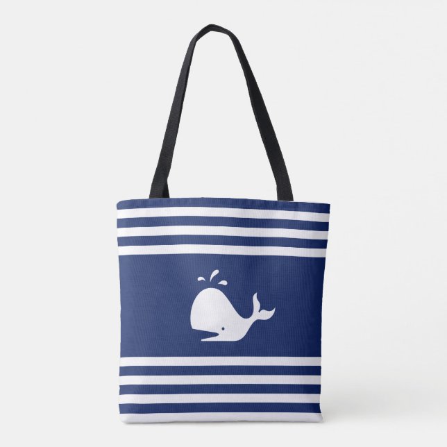 Baleia em Bolsa de Mão Listrada Azul-Navy e Branco (Verso)