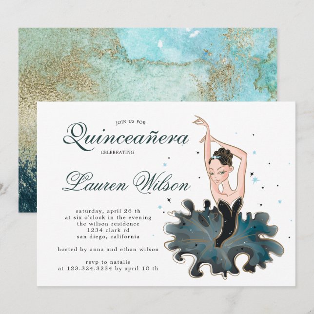 Ballerina emerald e ouro Quinceanera Convite (Frente/Verso)