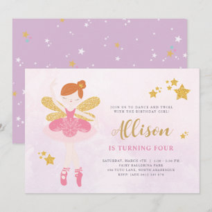 Ballerina Fairy, Rosa e Dourada, Convite de Aniver