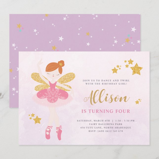 Ballerina Fairy, Rosa e Dourada, Convite de Aniver (Frente/Verso)