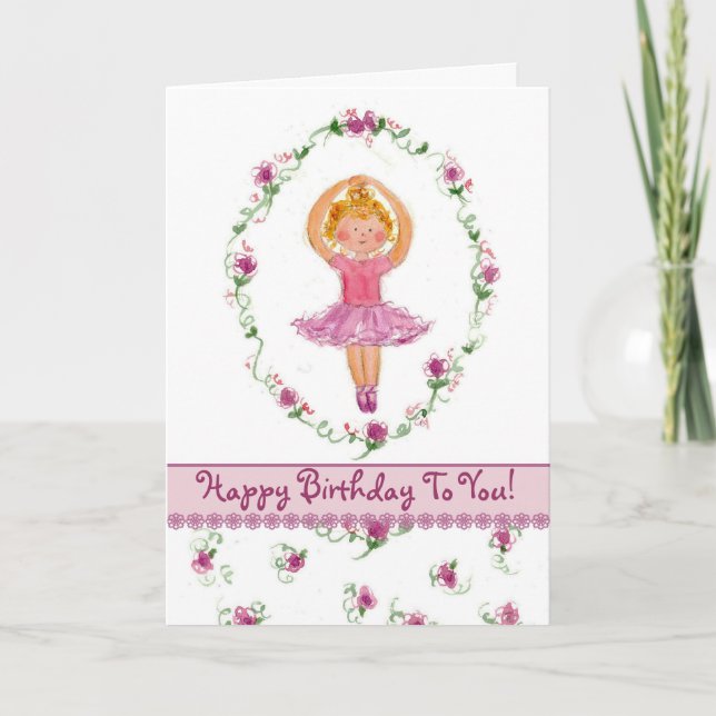 Ballerina Girl Happy Birthday Cartão Rosa Rosas (Frente)