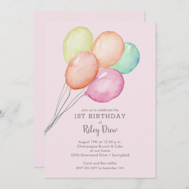 Balões de Aquarela Convites para primeiros anivers (Frente/Verso)