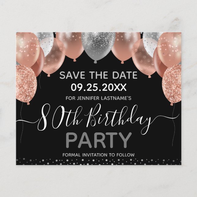 Balões de brilho rosa 80 Birthday Salvar data (Frente)