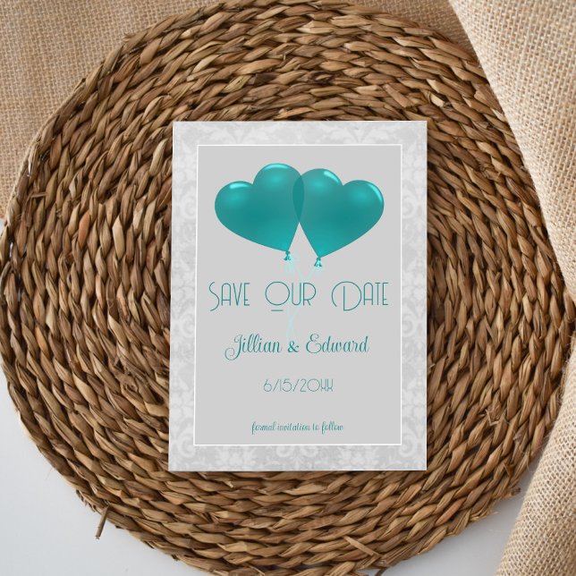 Balões de Coração Teal Salvem O Anúncio De Data (Teal Heart Balloons Save the Date )