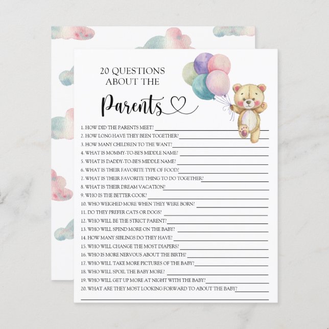 Balões de ursinho de pelúcia - jogos sobre os pais (Frente/Verso)