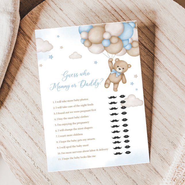 Balões de Urso Azul Chá de fraldas Adivinha Quem J (Blue Bear Baby Shower Guess who Mommy or Daddy Game)