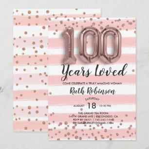 Balões Dourados rosa   100.o Convite de Aniversári