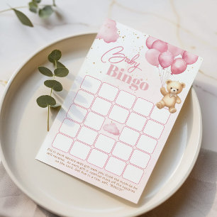 Balões, peluche rosa, chá de fraldas bingo