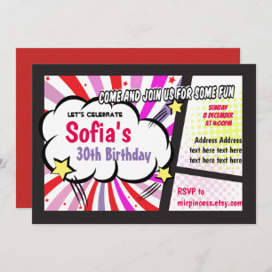 banda desenhada, retrato, pop, convite para aniver