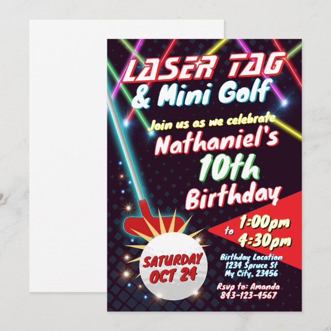 Banda Laser Neon e Convite de Aniversário para Min (Frente/Verso)
