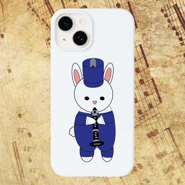 Banda Marcha Clarinet Coelho Coelho Azul Branco (A rabbit plays the clarinet while wearing a blue and white marching band uniform on a phone case.)