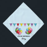 Bandana Balões de Aniversário Coloridos - É o meu Aniversá<br><div class="desc">A ilustração original de desenho animado de Destei dos balões coloridos de aniversário na paleta colorida de vermelho, verde, rosa, amarelo, azul e roxo. Há também um banner colorido sobre os balões. A cor de fundo é azul claro. Uma área de texto personalizável diz: "É Meu Aniversário!" enquanto em outra...</div>