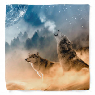 Bandana Dois lobos uivam na lua de cheio na floresta