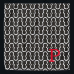 Bandana Ferradura Negra Cavalo Inicial Equestre<br><div class="desc">Padrão de ferradura em branco sobre fundo preto com INICIAL personalizado em vermelho. Fácil de personalizar texto, cor do texto, fonte. Excelente Bandana para QUALQUER amante de cavalos, vaqueiro, equipe de celeiro, equestre, cachecol de animais, lembrança de cavalos, memorial de cavalos, favor de eventos. Unisex, multiuso. Colorida, Eterno, Divertida. Um...</div>