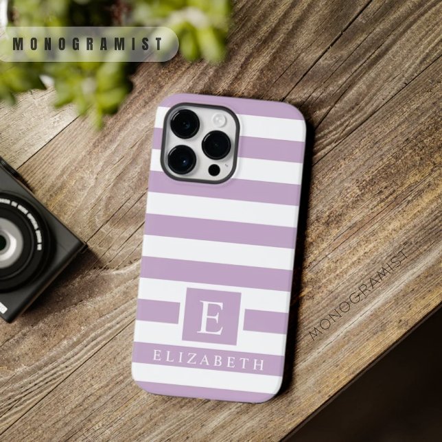 Bandas brancas, leves e púrpuras, de Pastel person (Custom Pastel Light Soft Purple White Stripes Case-Mate iPhone Case)