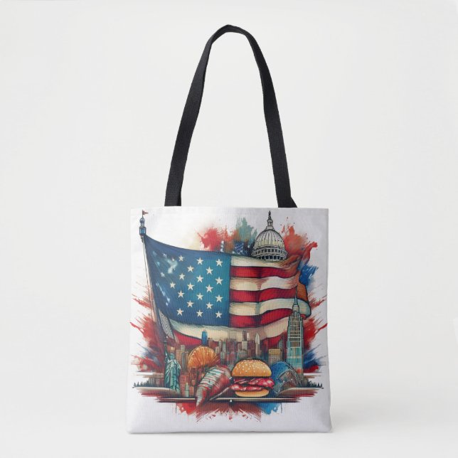 Bandeira Americana com Marcas Icônicas Tote Bag (Frente)