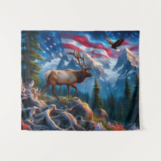 Bandeira Americana e Tapeçaria de Alce (Frente (Horizontal))