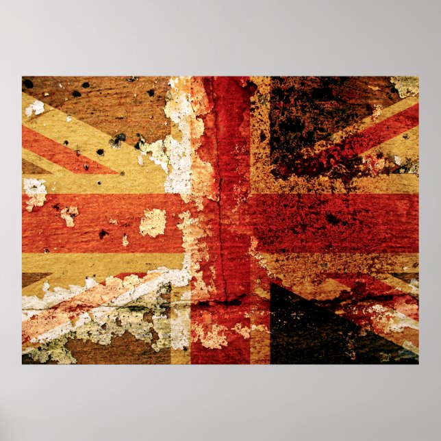 Bandeira Grunge UK numa antiga poster de parede (Frente)