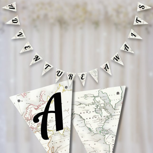 Bandeirinha A Adventure aguarda o Chá de fraldas do Mapa do Vi (Adventure Awaits Vintage Map Travel Baby Shower Bunting Flags
)