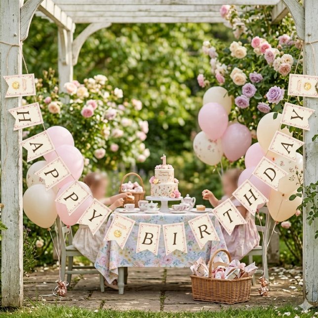 Bandeirinha Arco & Morango Sol Aniversário Feliz (Bow & Strawberry Sun Happy Birthday Bunting Flags)