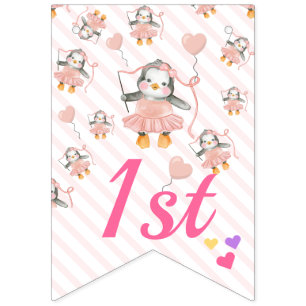 Bandeirinha Baby Penguin Ballerina Pink Personalizado Aniversá