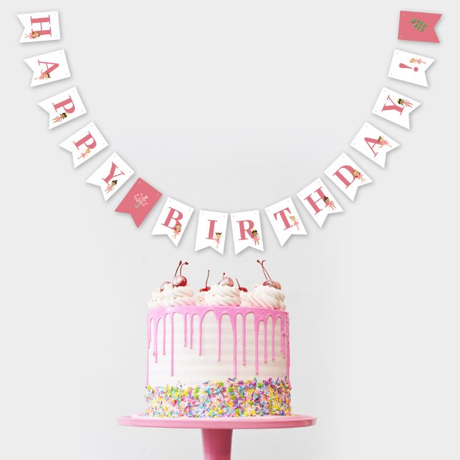 Bandeirinha Balé Rosa Ballerina Feliz Aniversário (Ballet Pink Ballerina Happy Birthday Bunting Flags)