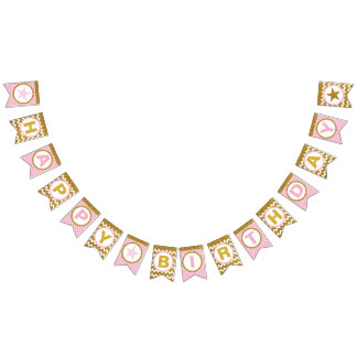 Bandeirinha Bandejas de Aniversário Felizes, Douradas e rosa, 