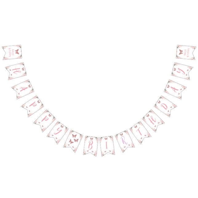 Bandeirinha Banner de aniversário da Borboleta Flórida Rosa (Todos)