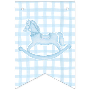 Bandeirinha Banner de bebê Gingham Boy Cavalo Azul