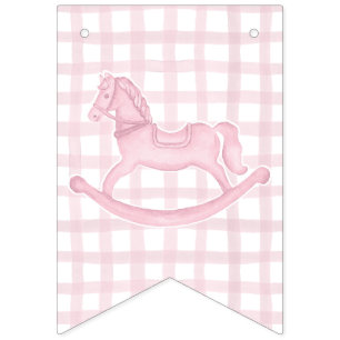 Bandeirinha Banner de bebê Gingham Girl Gingham Horse Rosa
