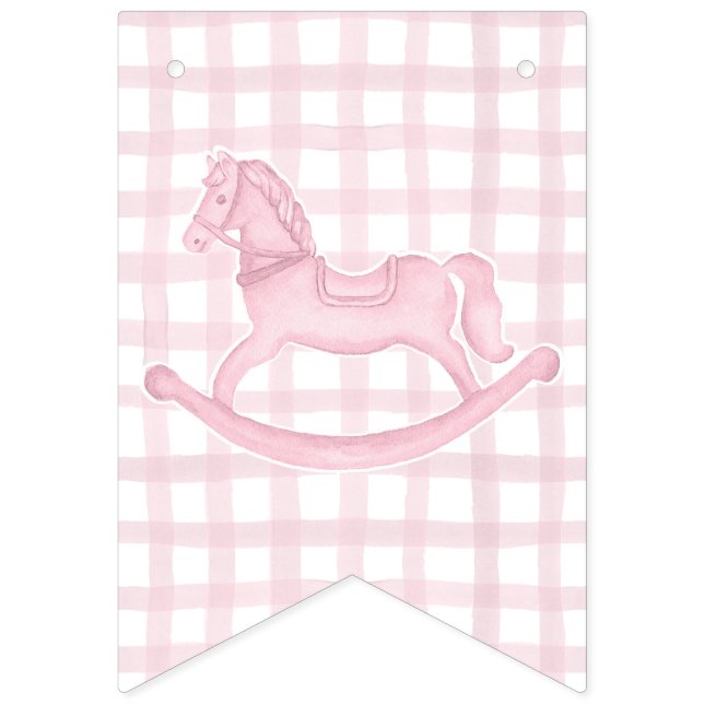 Bandeirinha Banner de bebê Gingham Girl Gingham Horse Rosa (Primeira Bandeira)
