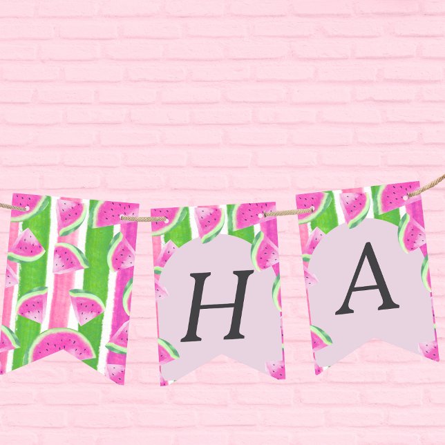 Bandeirinha Banner de bunda de aniversário feliz da melancia r (Pink Watermelon Happy Birthday bunting banner)