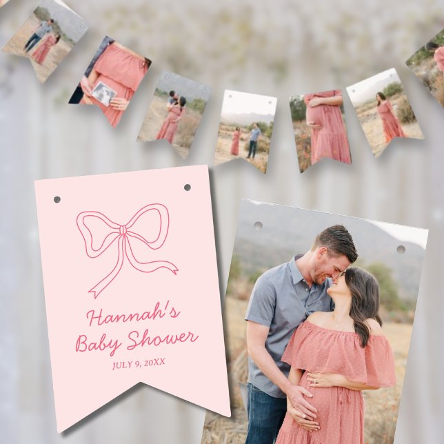 Bandeirinha Banner de fotos personalizado do Chá de fraldas ro (Pink Bow Personalized Baby Shower Photo Banner)