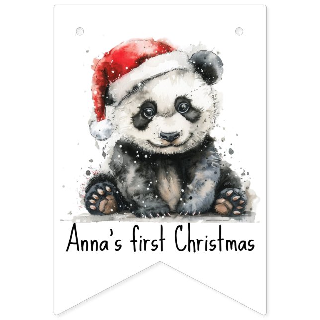 Bandeirinha bebê panda vestindo chapéu de natal, personalizáve (Primeira Bandeira)