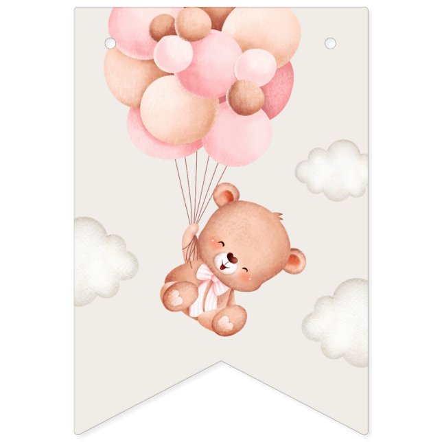 Bandeirinha Bebê Urso, Balões Rosa, Primeiro Aniversário (Primeira Bandeira)