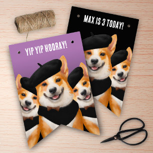 Bandeirinha Bichinho Corgis Yip Yip Hooray Feliz Aniversário