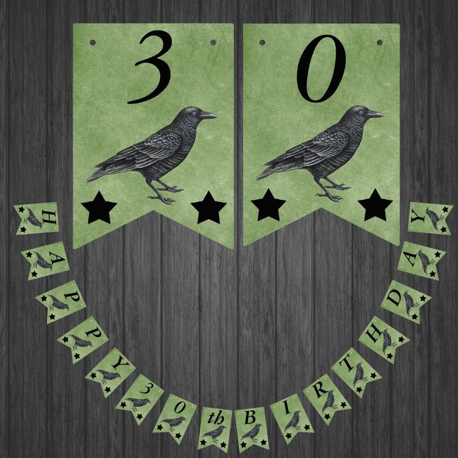 Bandeirinha Black Crow Black Stars on Grunge Green Birthday (Standing black crow with two black stars on Gothic themed happy birthday bunting flag decoration.)
