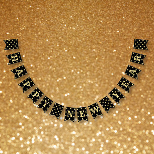 Bandeirinha Black Faux Dourado Stars Felizes anos novos Eve Pa