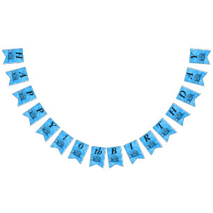 Bandeirinha Cartoon Feliz de Aniversário, Azul-Bonito Sorrindo