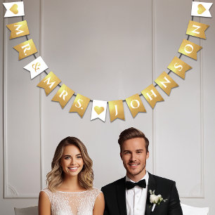 Bandeirinha Casamento Falso Ouro Sr. & Sra. Nome Personalizado
