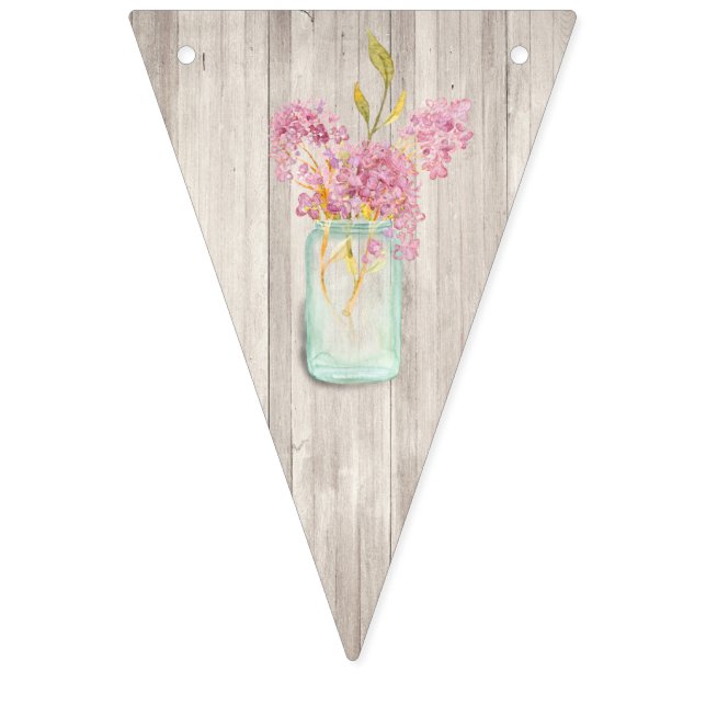 Bandeirinha Casamento Floral Rustic Woodgrain Mason Jar Pink (Primeira Bandeira)