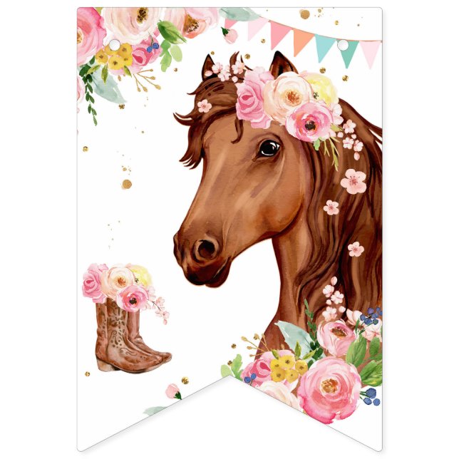 Bandeirinha Cavalo Feliz Aniversário Rapariga Rosa Saddle Pony (Primeira Bandeira)
